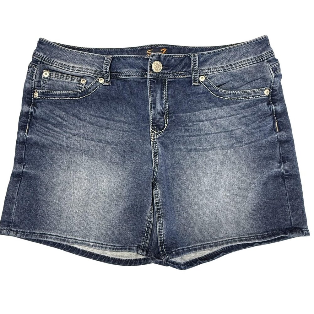 Seven7 Embroidered Jean Shorts Womens 12 Blue‎ Boho Denim Pockets Stretch - Picture 2 of 10
